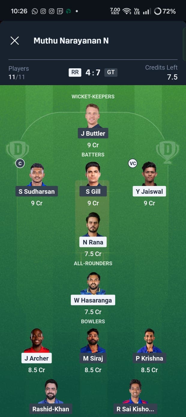 RR vs GT Dream11 Fantasy app